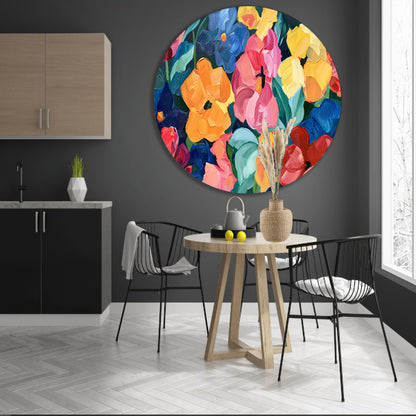 Abstracte explosie van kleurrijke bloemen en bladeren forex muurcirkel