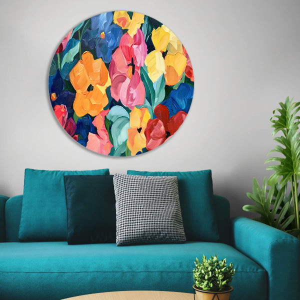 Abstracte explosie van kleurrijke bloemen en bladeren aluminium muurcirkel
