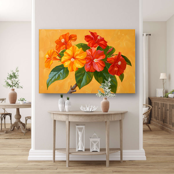 Kleurrijke bloemen en bladeren schilderij canvas met baklijst