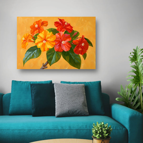 Kleurrijke bloemen en bladeren schilderij canvas met baklijst