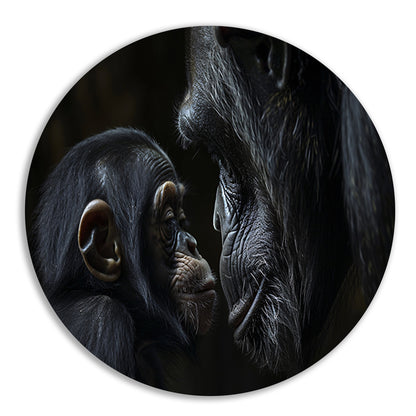 Intieme close-up van chimpansee en baby aluminium muurcirkel