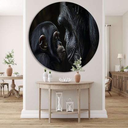 Intieme close-up van chimpansee en baby aluminium muurcirkel