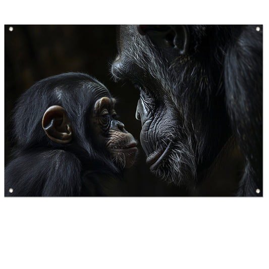 Intieme close-up van chimpansee en baby tuinposter