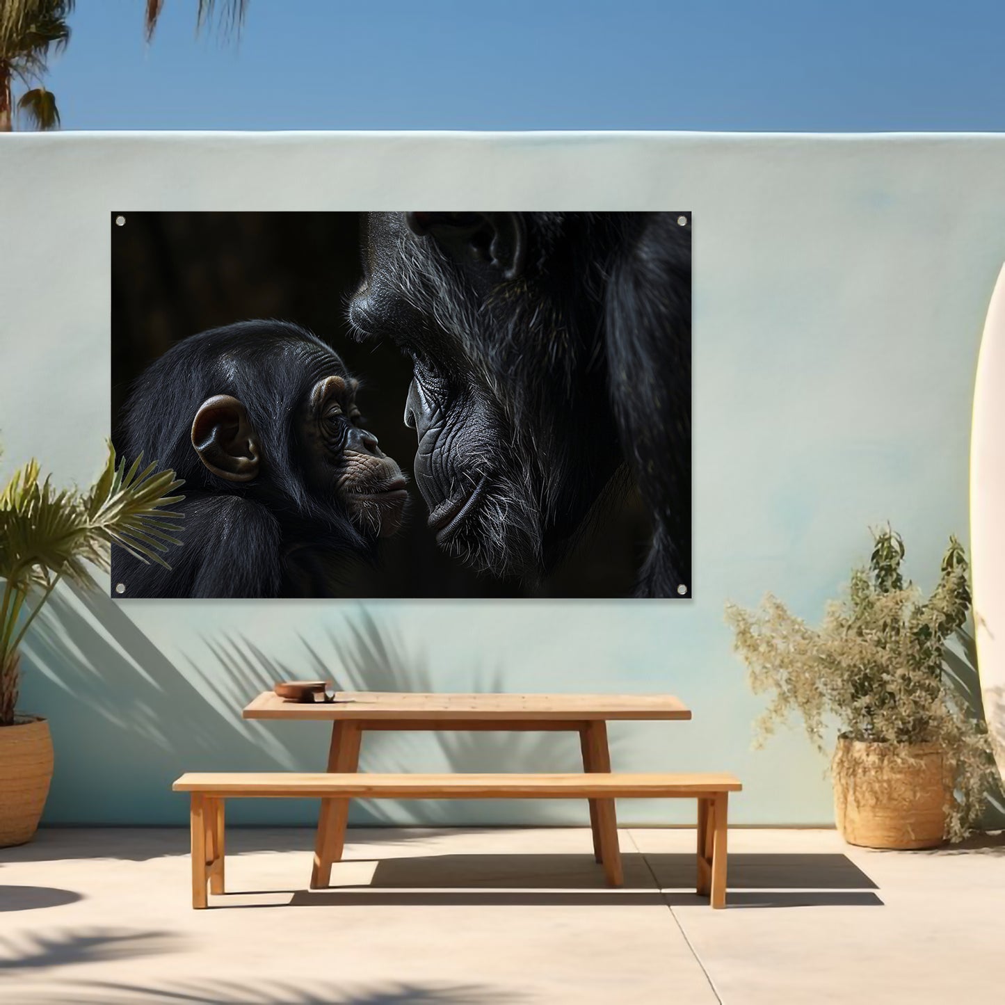 Intieme close-up van chimpansee en baby tuinposter