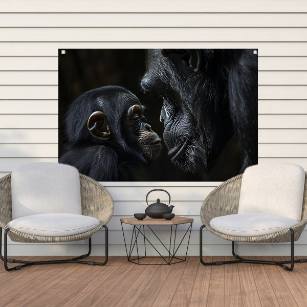 Intieme close-up van chimpansee en baby tuinposter