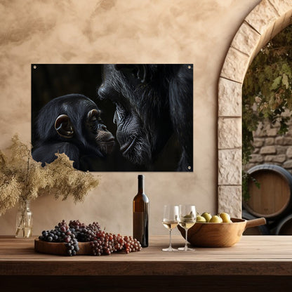 Intieme close-up van chimpansee en baby tuinposter