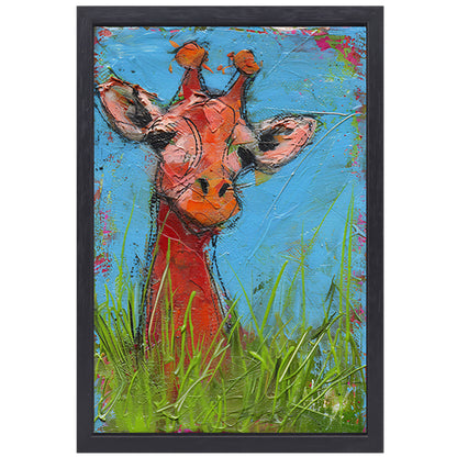 Kleurrijk abstract schilderij van een giraffe canvas met baklijst