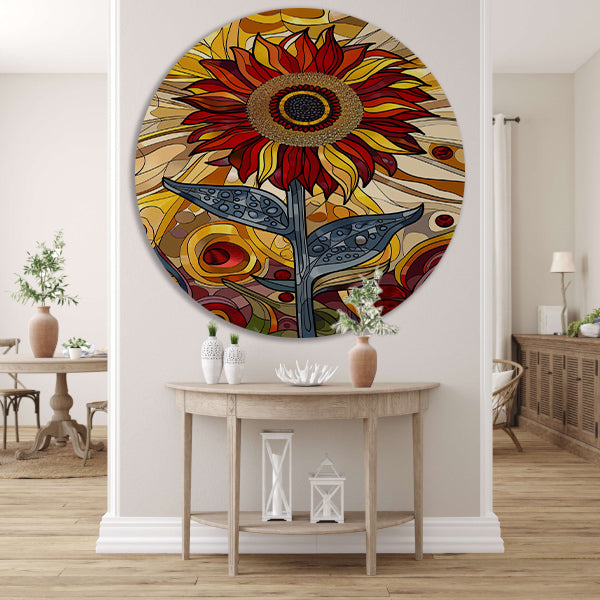 Kleurrijke digitale zonnebloem kunst schilderij aluminium muurcirkel