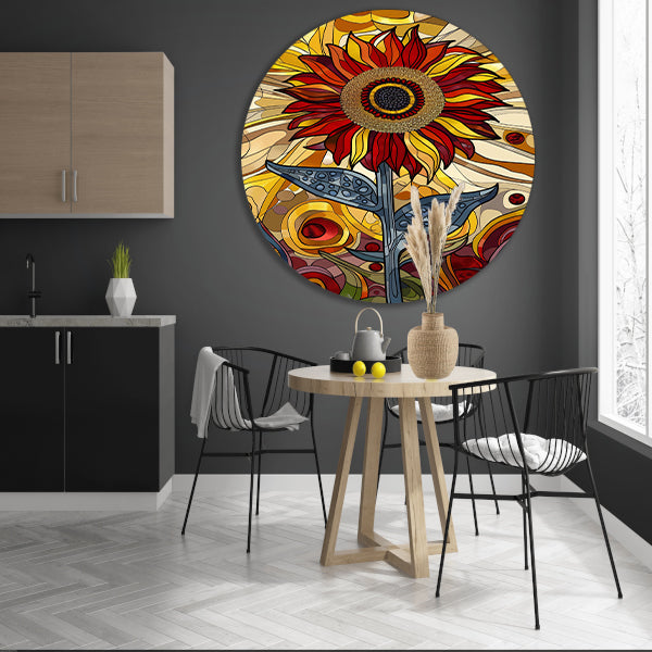Kleurrijke digitale zonnebloem kunst schilderij aluminium muurcirkel