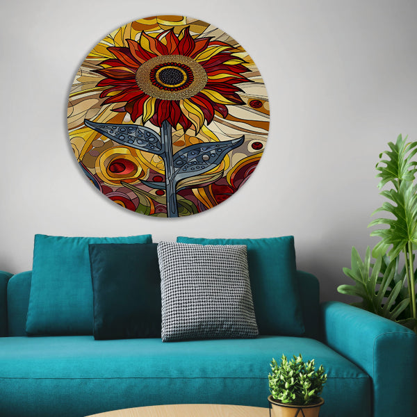 Kleurrijke digitale zonnebloem kunst schilderij aluminium muurcirkel