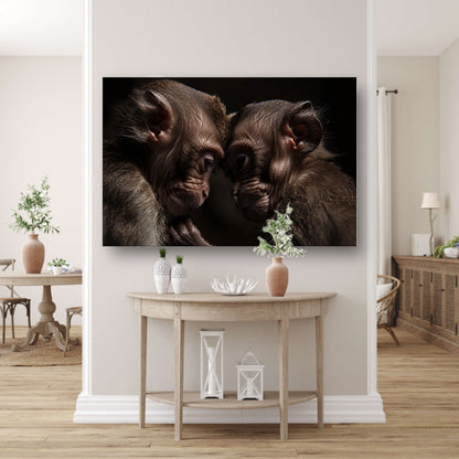 Twee apen in intieme omhelzing canvas met baklijst