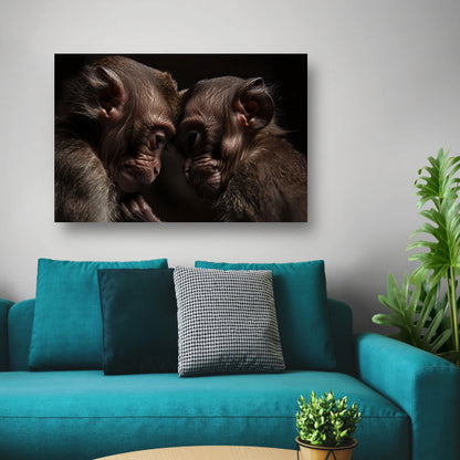 Twee apen in intieme omhelzing canvas met baklijst