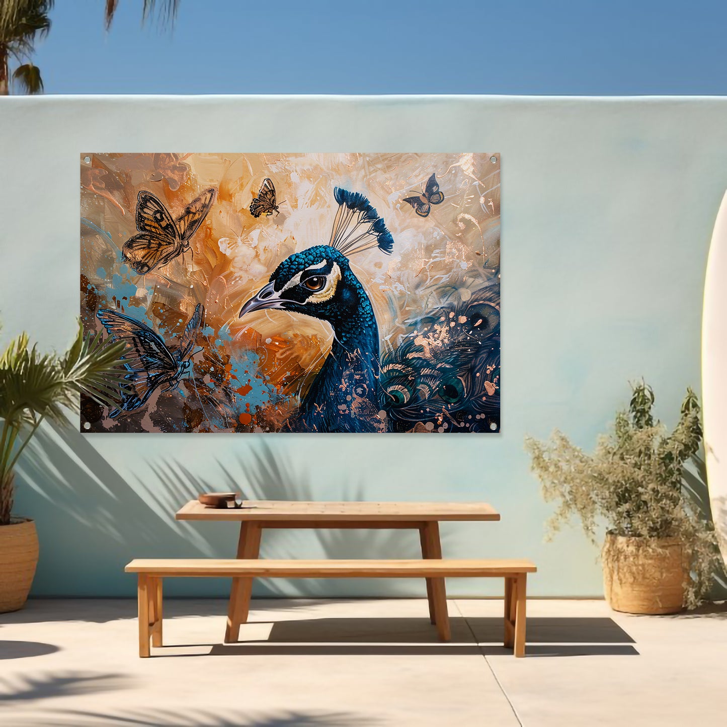 Surrealistische pauw met kleurrijke vlinders tuinposter
