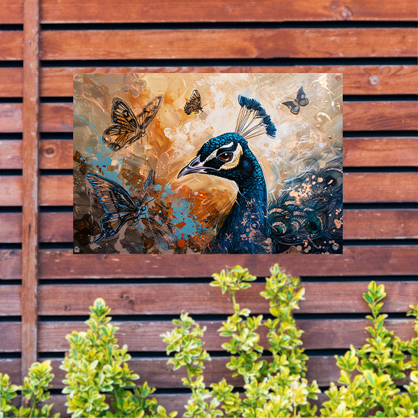 Surrealistische pauw met kleurrijke vlinders tuinposter