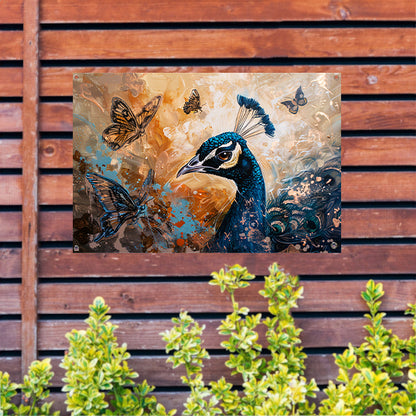 Surrealistische pauw met kleurrijke vlinders tuinposter