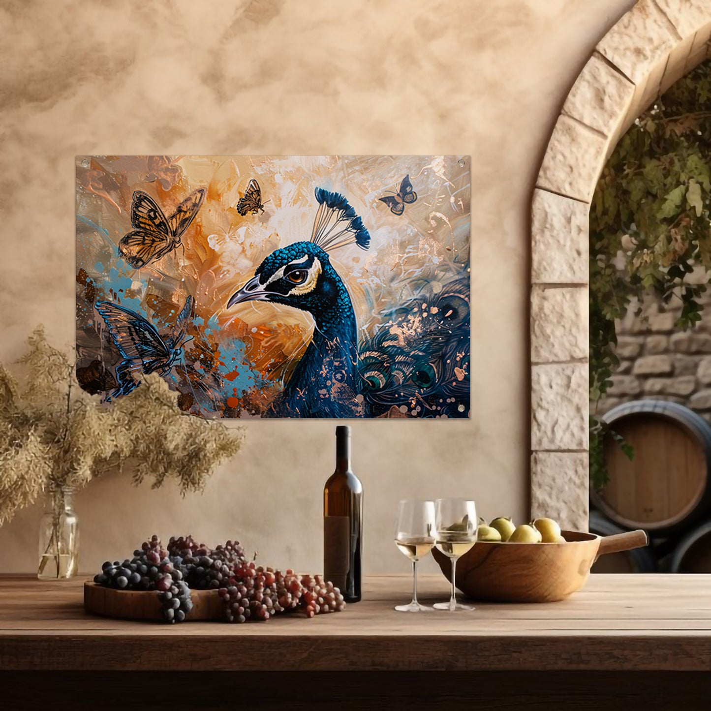 Surrealistische pauw met kleurrijke vlinders tuinposter