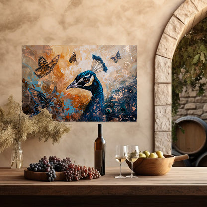 Surrealistische pauw met kleurrijke vlinders tuinposter