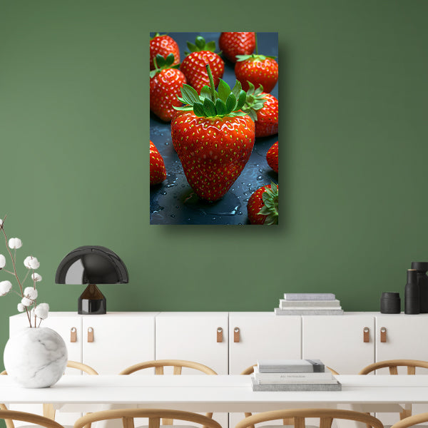 Close-up van sappige rode aardbeien met waterdruppels canvas met baklijst