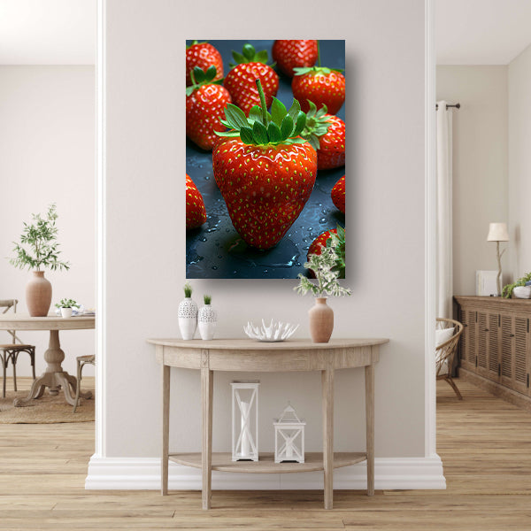 Close-up van sappige rode aardbeien met waterdruppels canvas met baklijst