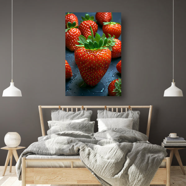 Close-up van sappige rode aardbeien met waterdruppels canvas met baklijst