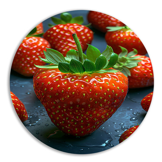 Close-up van sappige rode aardbeien met waterdruppels aluminium muurcirkel