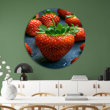 Close-up van sappige rode aardbeien met waterdruppels aluminium muurcirkel