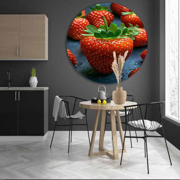 Close-up van sappige rode aardbeien met waterdruppels aluminium muurcirkel