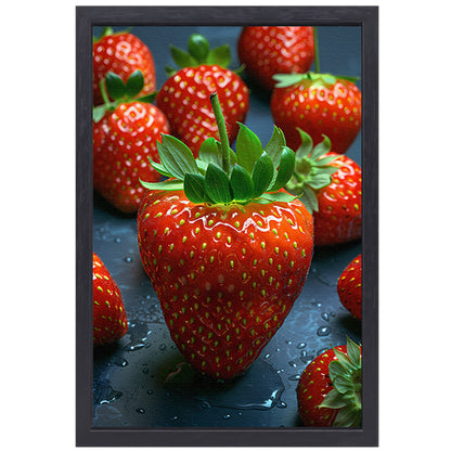 Close-up van sappige rode aardbeien met waterdruppels canvas met baklijst