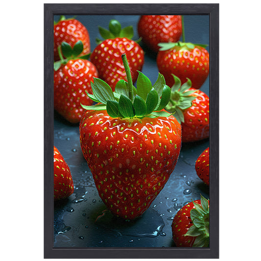 Close-up van sappige rode aardbeien met waterdruppels canvas met baklijst