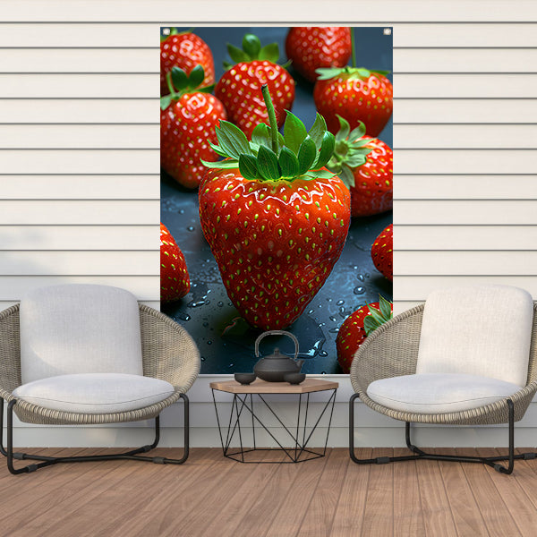 Close-up van sappige rode aardbeien met waterdruppels tuinposter