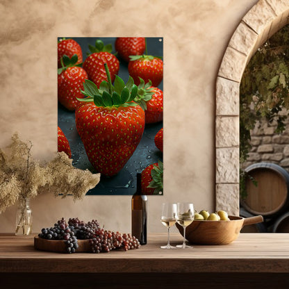 Close-up van sappige rode aardbeien met waterdruppels tuinposter