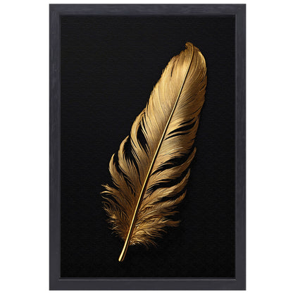 Glimmende Gouden Veer op Zwarte Achtergrond canvas met baklijst
