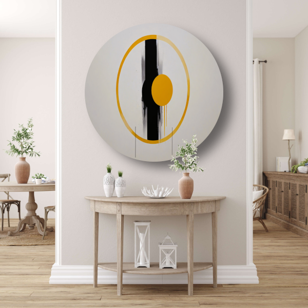 Geel-Zwarte Abstractie met Dynamische Cirkels aluminium muurcirkel
