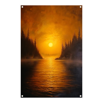 Zonsondergang boven kalm meer met bomen tuinposter