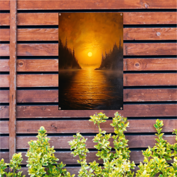 Zonsondergang boven kalm meer met bomen tuinposter