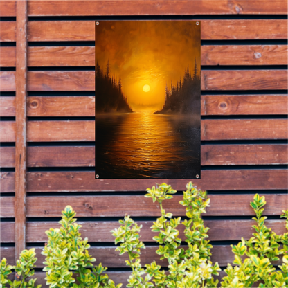 Zonsondergang boven kalm meer met bomen tuinposter