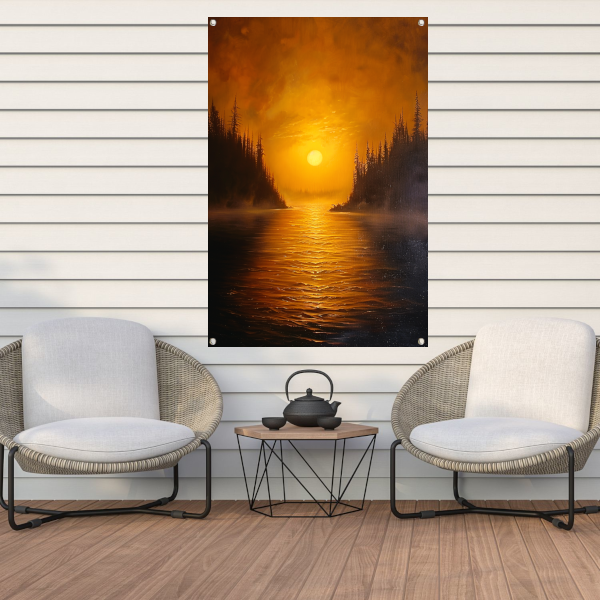 Zonsondergang boven kalm meer met bomen tuinposter