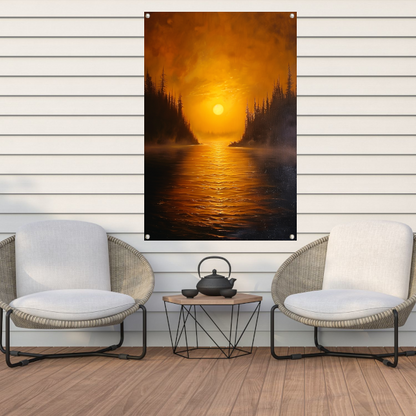 Zonsondergang boven kalm meer met bomen tuinposter