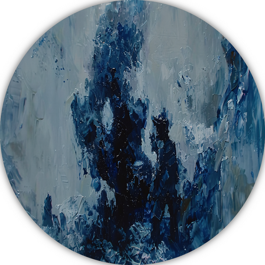 Blauwe lijnen compositie aluminium muurcirkel