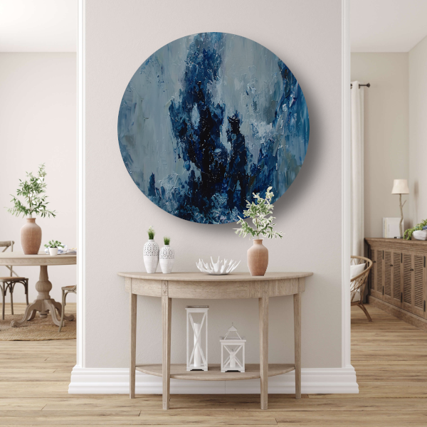 Blauwe lijnen compositie aluminium muurcirkel