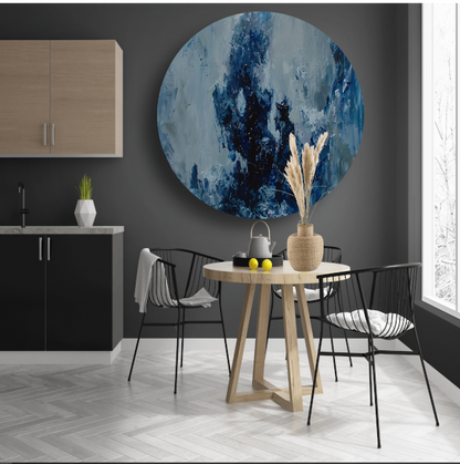 Blauwe lijnen compositie aluminium muurcirkel