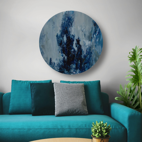 Blauwe lijnen compositie aluminium muurcirkel