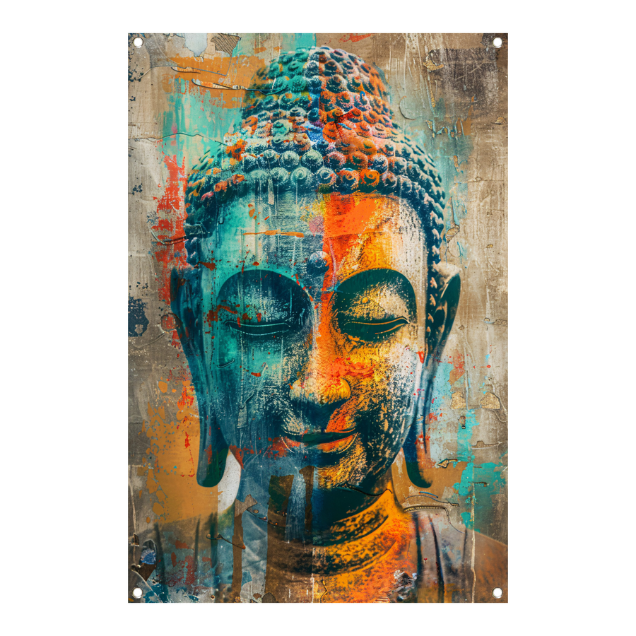 Kleurrijk Boeddha-portret in graffiti-stijl tuinposter