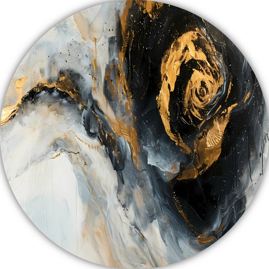 Moderne abstracte expressie in goud en blauwtinten aluminium muurcirkel