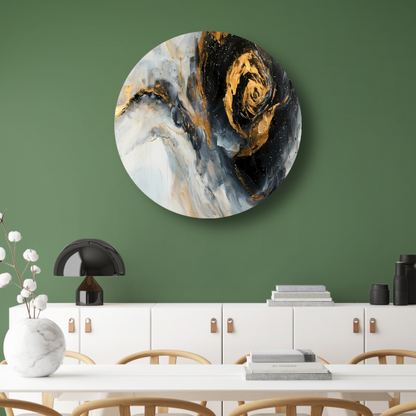 Moderne abstracte expressie in goud en blauwtinten aluminium muurcirkel