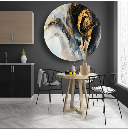 Moderne abstracte expressie in goud en blauwtinten aluminium muurcirkel