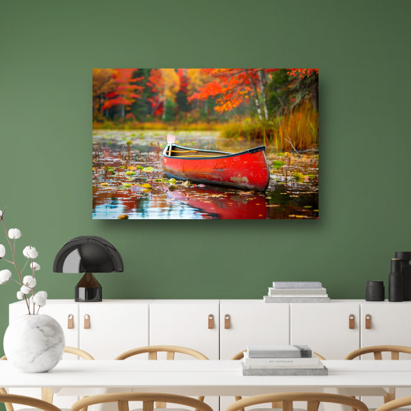 Impressionistische kano op kalm meer canvas met baklijst