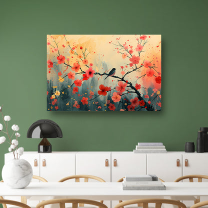 Aquarel vogel bloesemtak canvas met baklijst