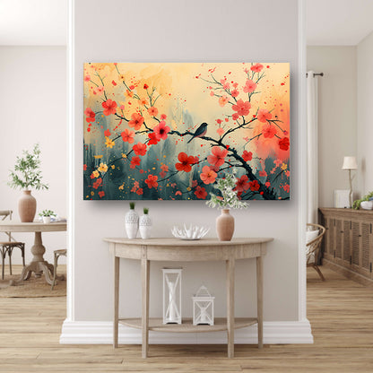 Aquarel vogel bloesemtak canvas