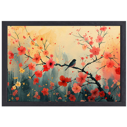 Aquarel vogel bloesemtak canvas met baklijst